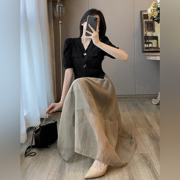 Tops - NWT Two Pieces Cropped Jacket with Butterfly Embroidered Button with Tan Skirt